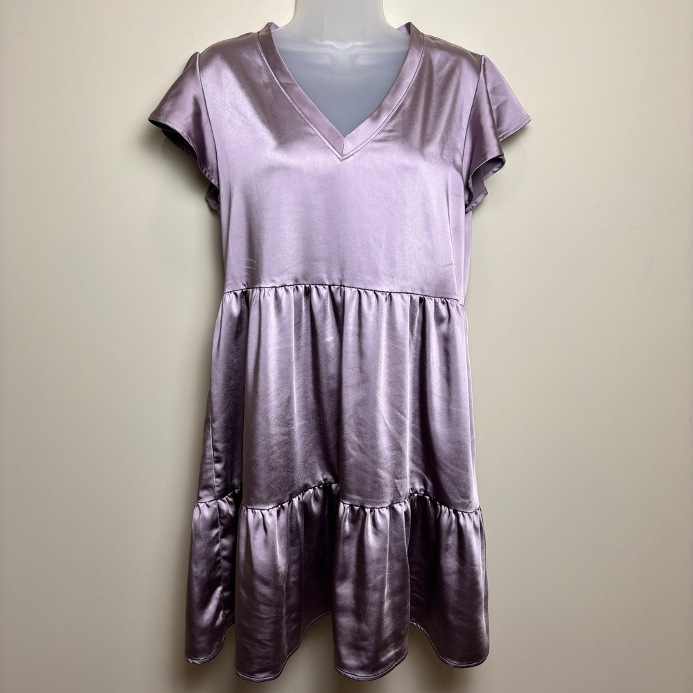 Sedge Mauve Purple Satin Flutter Sleeve Tiered Ruffle Babydoll Dress Womens M